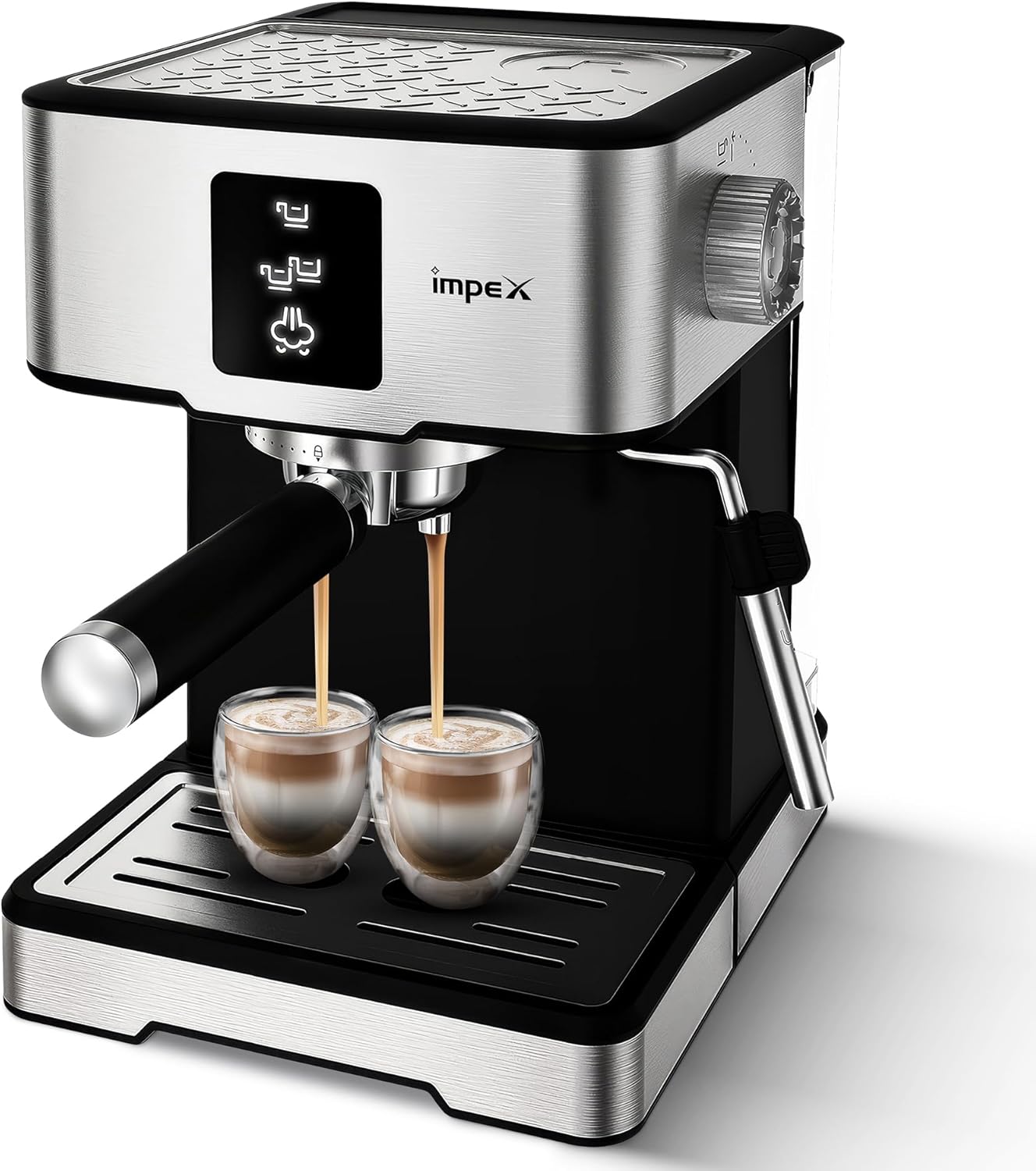 Impex espresso machine with two cups of coffee on a white background