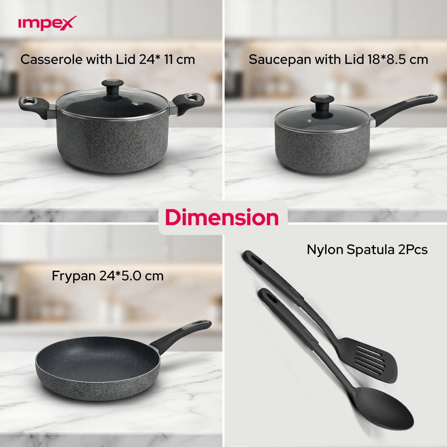 Impex Royal Nonstick Granite Cookware 7Pcs Set NCB7104 أواني طهي جرانيت رويال غير لاصقة من إيمبكس، طقم 7 قطع NCB7104