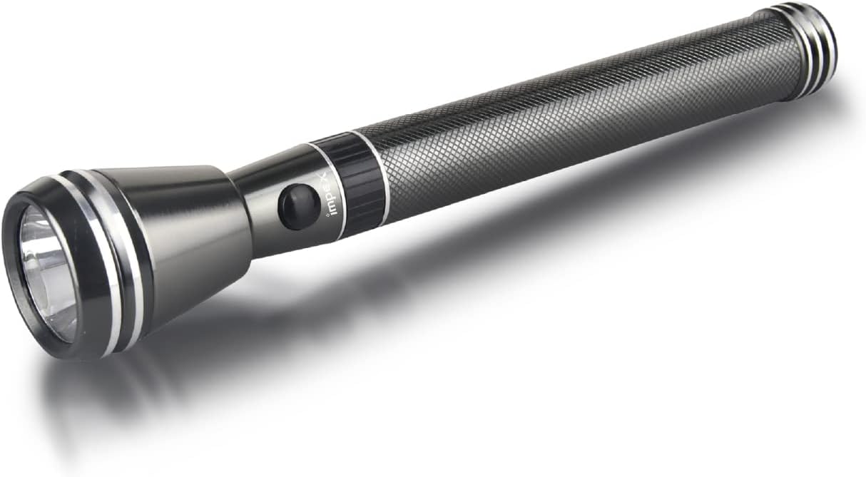 Black flashlight with metallic accents on a white background