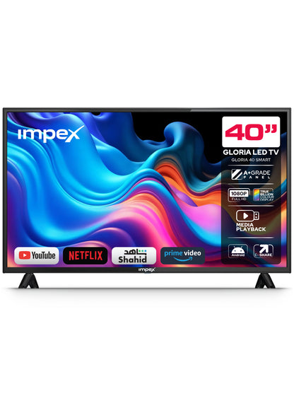 Impex 40-inch LED TV with colorful display and brand logos on a white background