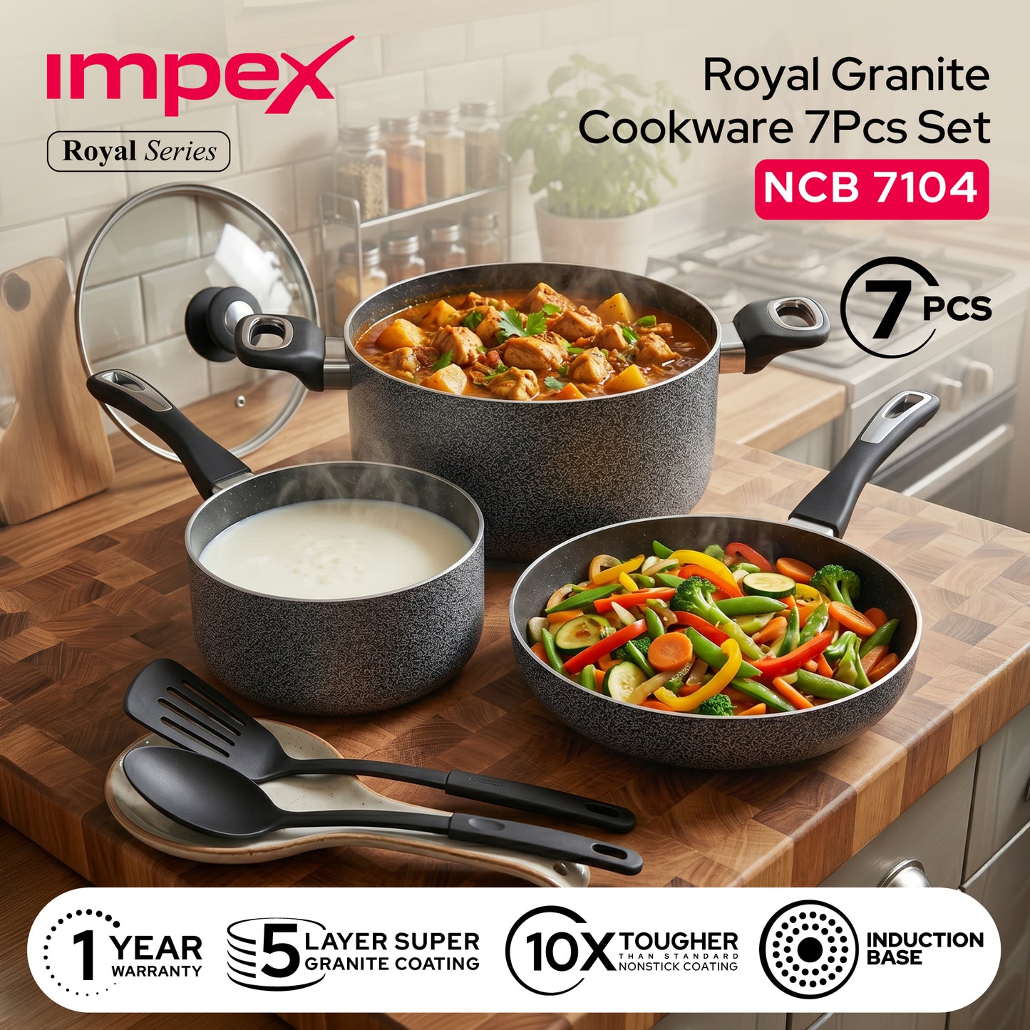 Impex Royal Nonstick Granite Cookware 7Pcs Set NCB7104 أواني طهي جرانيت غير لاصقة