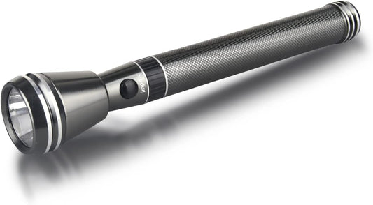 Black flashlight with metallic accents on a white background